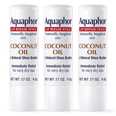 Aquaphor Naturally Inspired Lip Repair Stick with Coconut Oil and Natural Shea Butter, Hydrating Lip Balm Immediately Relieves Dryness and Soothes Chapped Lips, 0.17 Oz Stick, Pack of 3