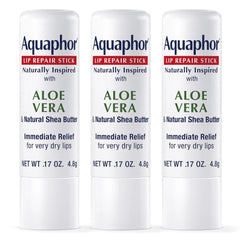 Aquaphor Naturally Inspired Lip Repair Stick with Aloe Vera and Natural Shea Butter, Hydrating Lip Balm Immediately Relieves Dryness and Soothes Chapped Lips, 0.17 Oz Stick, Pack of 3