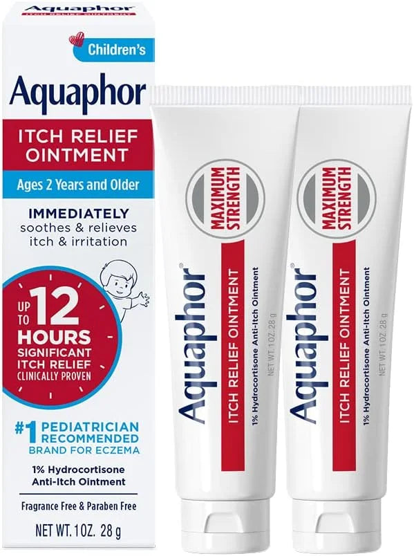Aquaphor Children's Itch Relief Ointment, 1% Hydrocortisone Anti Itch Ointment for Skin Irritation, Insect Bites, Psoriasis, Skin Rashes Eczema & Poison Ivy, Fragrance Free, 1 Oz Tube, Pack of 2