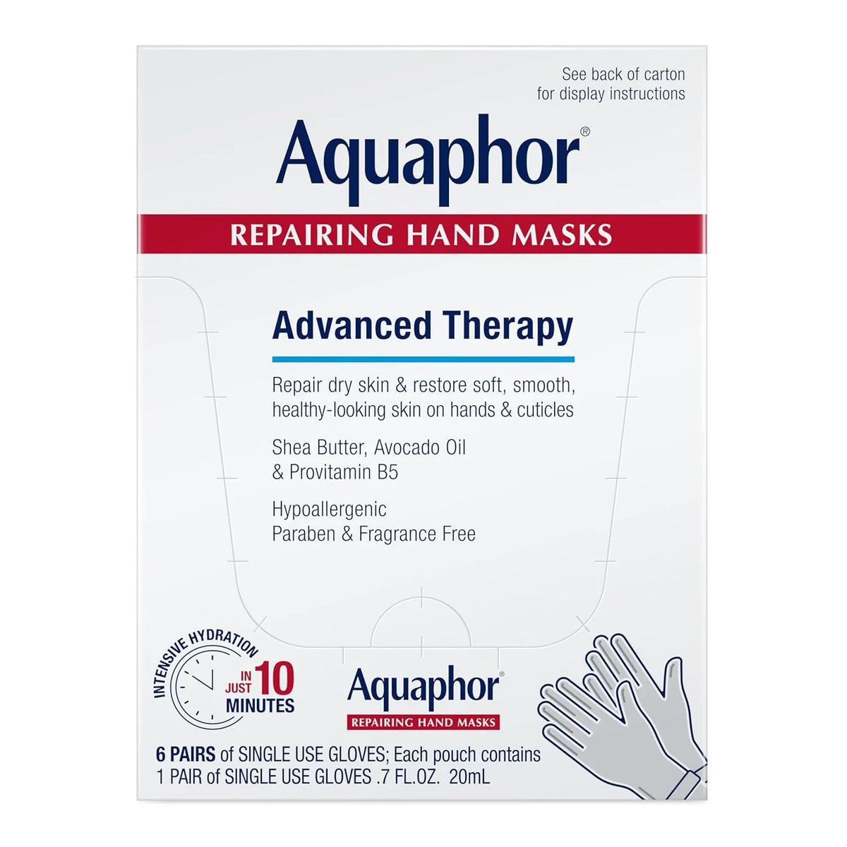 Aquaphor Repairing Hand Masks, Moisturizing Gloves for Dry Hands, Moisturizer for Dry Skin with Avocado Oil and Shea Butter, Pack of 6