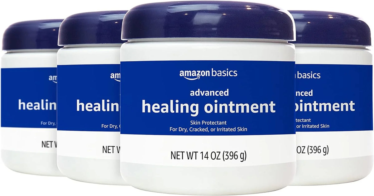 Amazon Basics Healing Ointment & Skin Protectant for Dry & Cracked Skin, Chapped Lips, Minor Cuts and Scrapes, Lip Repair Moisturizer, Fragrance Free, 14 oz, 4-Pack
