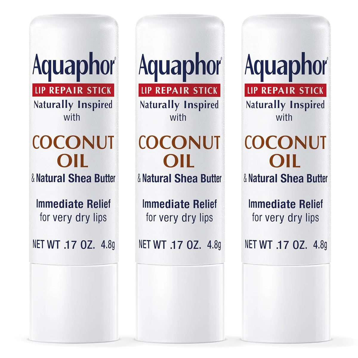 Aquaphor Naturally Inspired Lip Repair Stick with Coconut Oil and Natural Shea Butter, Hydrating Lip Balm Immediately Relieves Dryness and Soothes Chapped Lips, 0.17 Oz Stick, Pack of 3