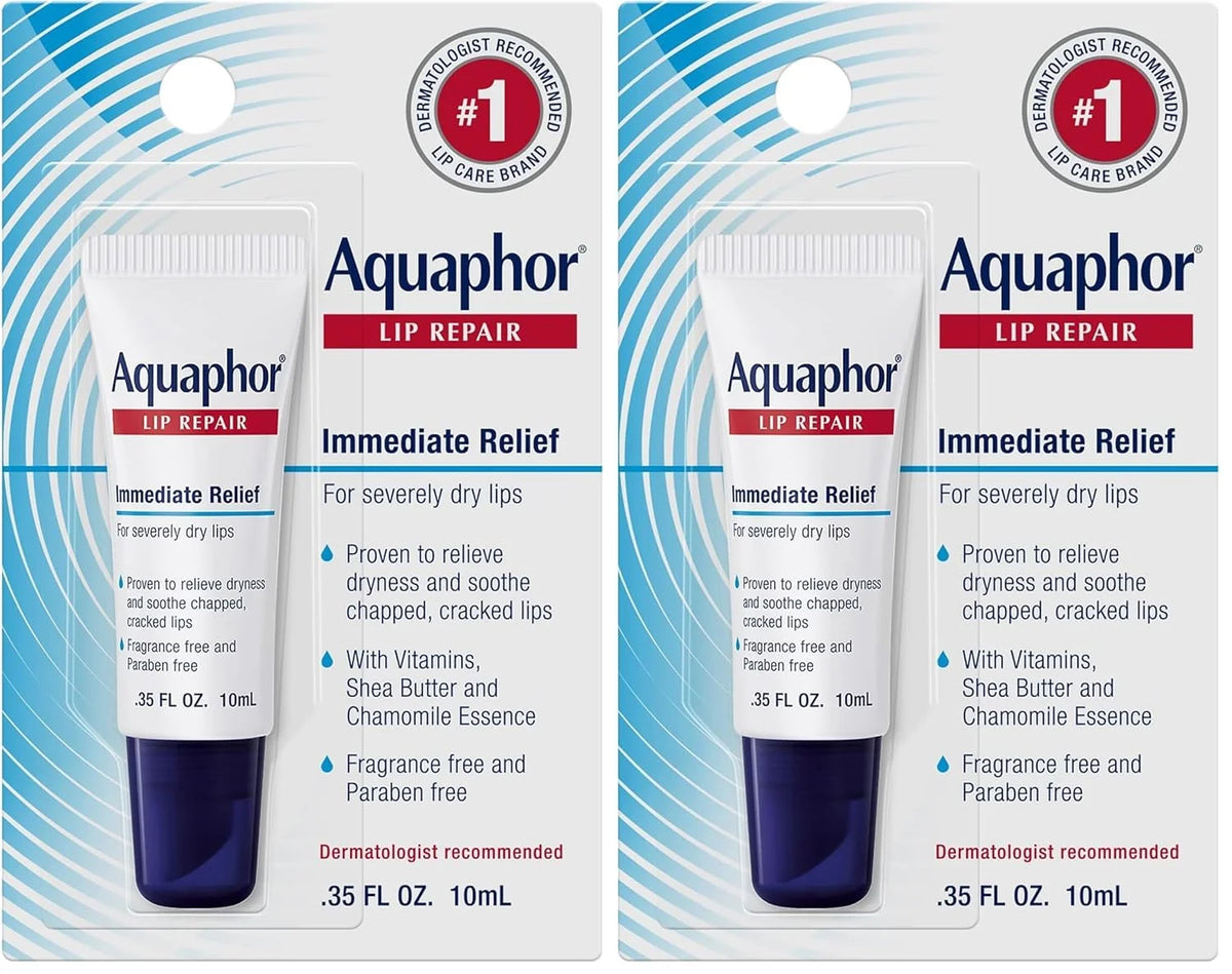 Aquaphor Lip Repair Ointment - Long-lasting Moisture to Soothe Dry Chapped Lips - .35 fl. oz. Tube (Pack of 2)