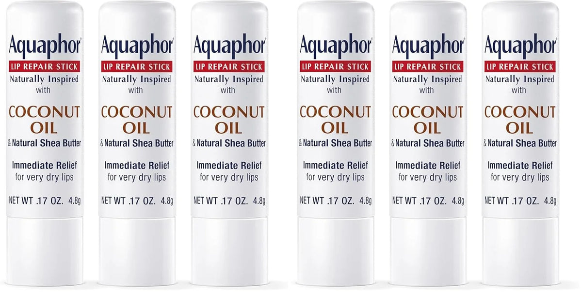 Aquaphor Naturally Inspired Lip Repair Stick with Coconut Oil and Natural Shea Butter, Hydrating Lip Balm Immediately Relieves Dryness and Soothes Chapped Lips, 0.17 Oz Stick, (Pack of 6)
