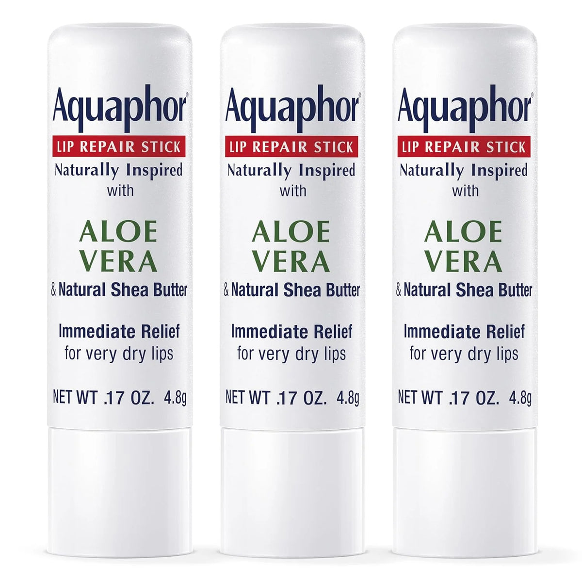 Aquaphor Naturally Inspired Lip Repair Stick with Aloe Vera and Natural Shea Butter, Hydrating Lip Balm Immediately Relieves Dryness and Soothes Chapped Lips, 0.17 Oz Stick, Pack of 3